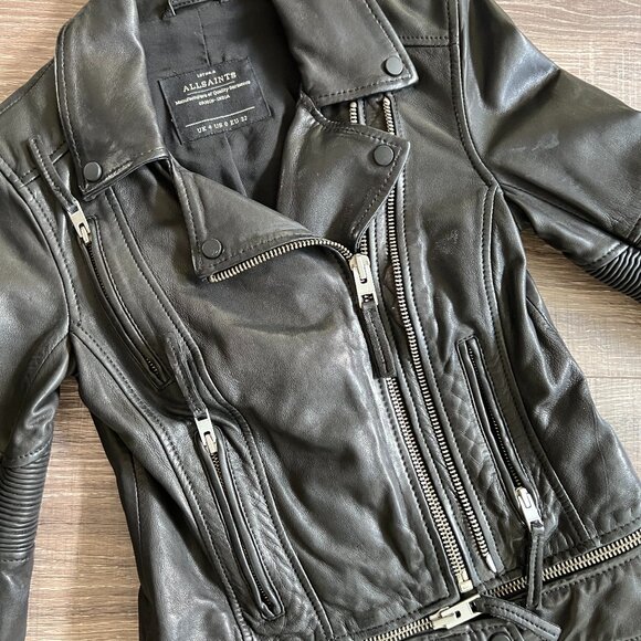 AllSaints Slim Fit Leather Biker Jacket US Size 0 - Picture 2 of 16